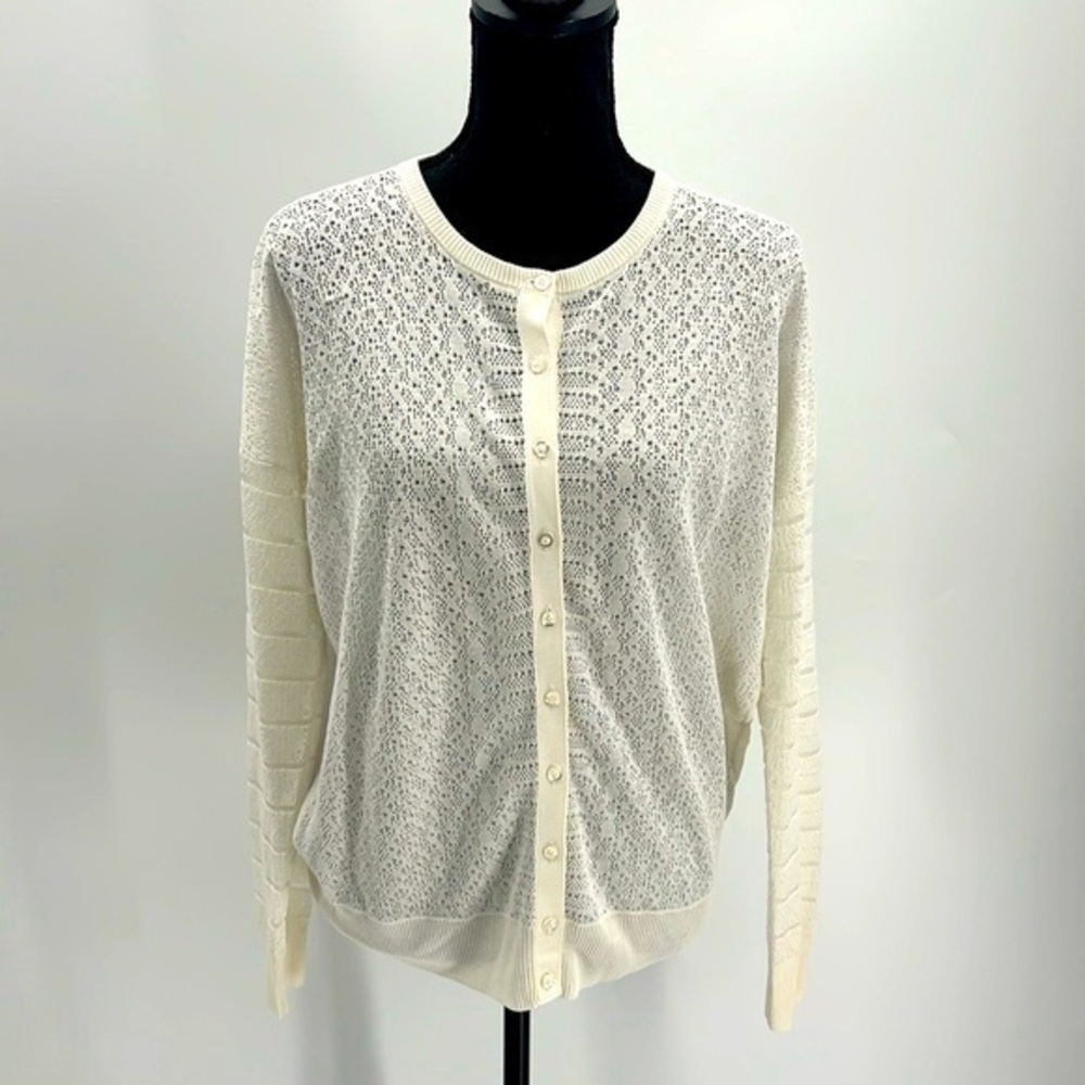 Karen Millen Cream Fine Crochet Knit Cardigan Chiffon Blouse Back Size medium 3